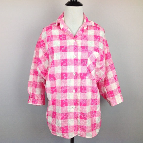 Vintage Try 1 Top Womens Large Pink Plaid Paisley - Picture 1 of 7